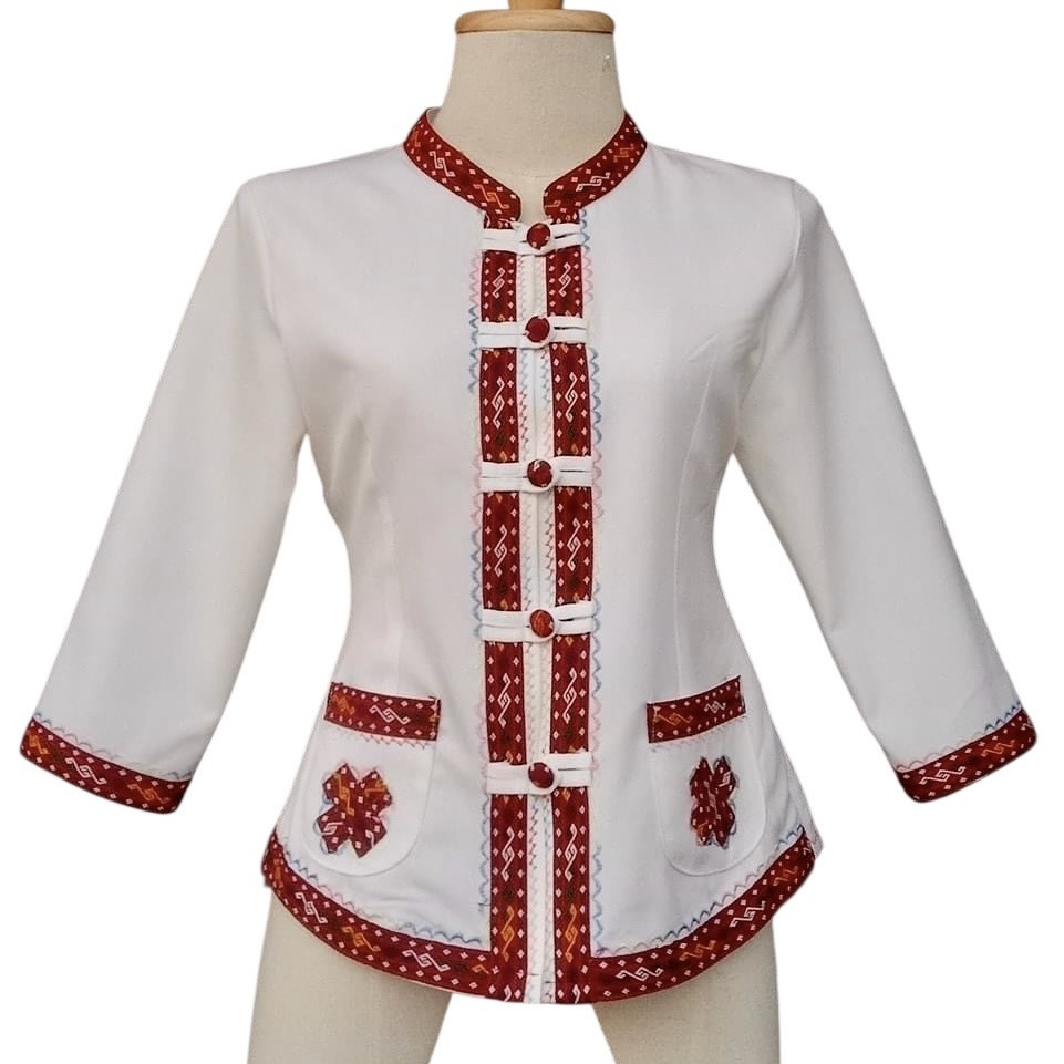 เสื้อผ้าฝ้ายแต่งลายภูไทขอก่าย-แขนกลางสีขาว